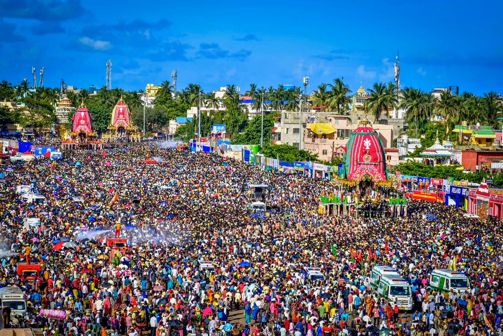 Puri: Devotees take part in Bahuda Rath Yatra or the Return Car Festival from Gundicha Temple to Jagannath Temple, Puri, Monday, July 14, 2024.(IANS)