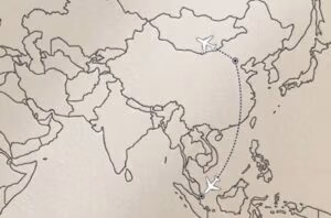 Alt="Minimal Asia map + airplane route AI-generated illustration"